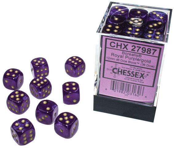 Borealis: 12mm d6 Royal Purple/gold Luminary Dice Block (36 dice))